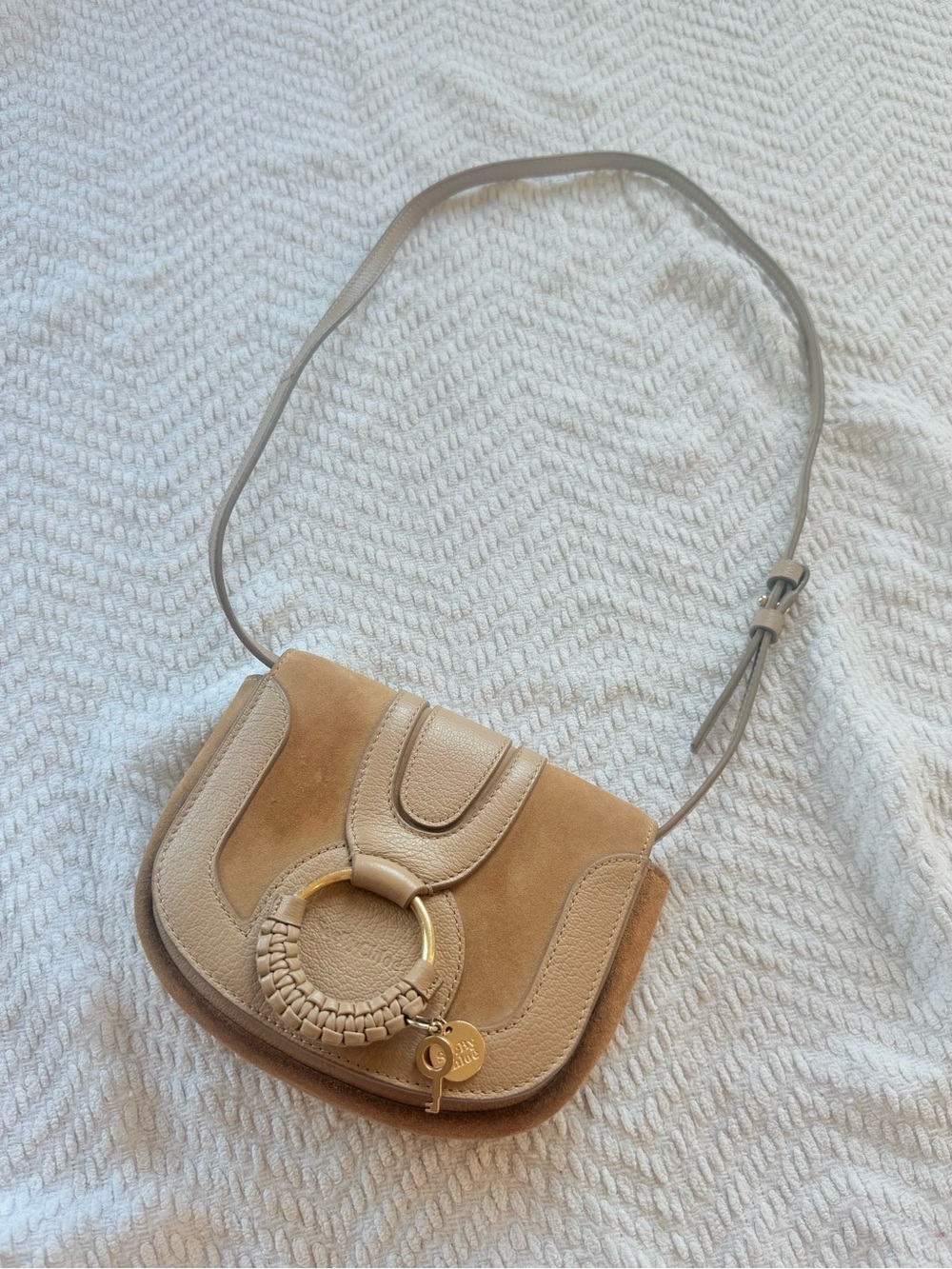 Chloe Beige/Tan Leather & Suede Crossbody with Gold Ring Detail - Picture 3 of 8